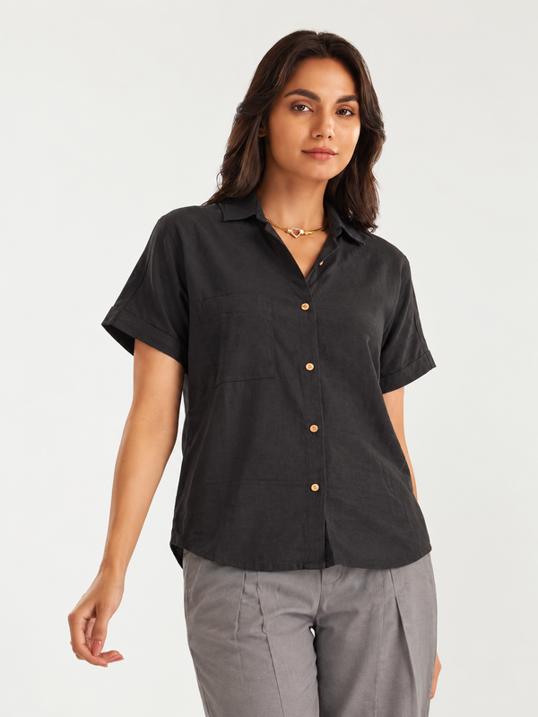 Women’s Shoulder Down Cotton Slub Solid Casual Shirt