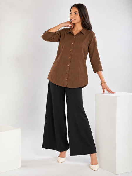 Women’s Cotton Slub Solid Casual Shirt with 3/4 Sleeves