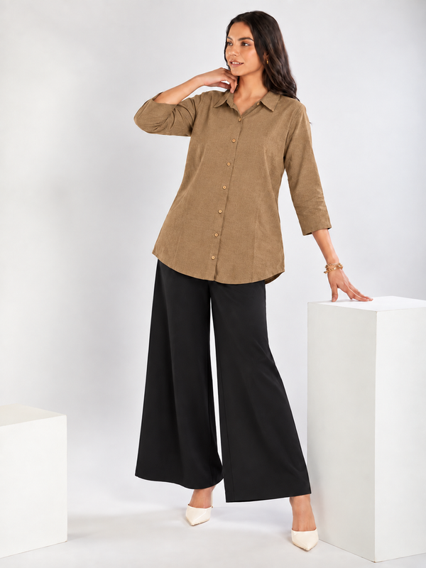 Women’s Cotton Slub Solid Casual Shirt with 3/4 Sleeves