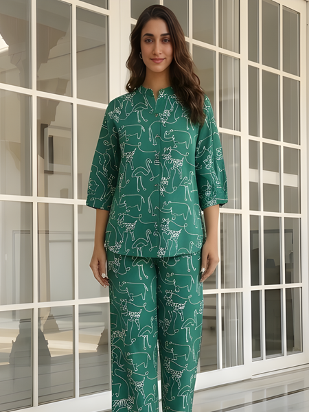 Women Green Printed Pure Cotton Co-Ord Set