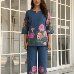 Women Navy Blue Floral Printed Pure Cotton Co-Ord Set