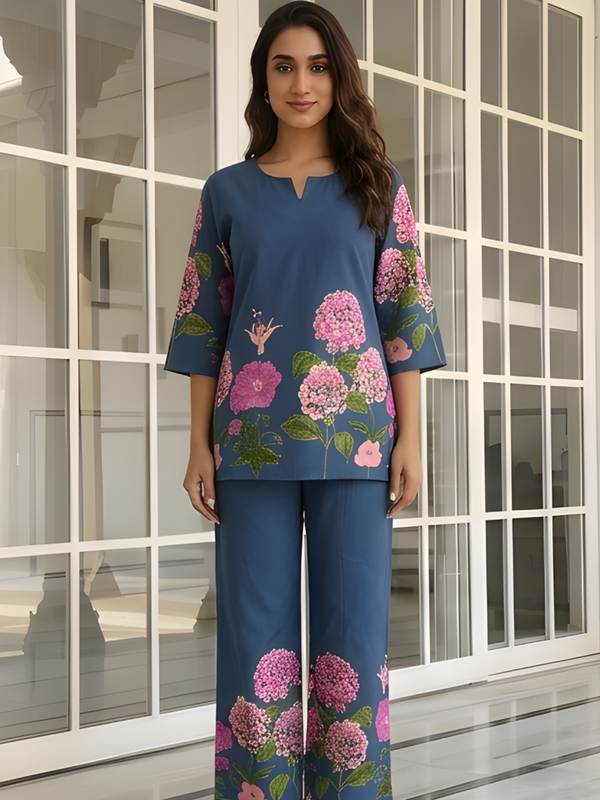 Women Navy Blue Floral Printed Pure Cotton Co-Ord Set