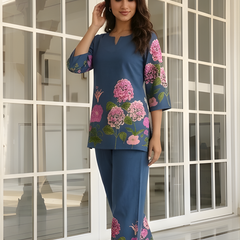 Women Navy Blue Floral Printed Pure Cotton Co-Ord Set