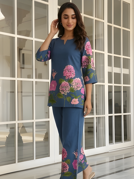 Women Navy Blue Floral Printed Pure Cotton Co-Ord Set