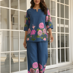 Women Navy Blue Floral Printed Pure Cotton Co-Ord Set