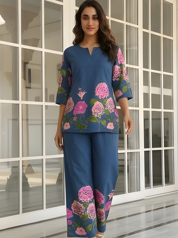 Women Navy Blue Floral Printed Pure Cotton Co-Ord Set