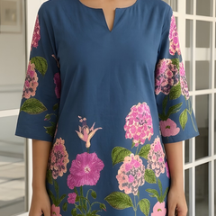 Women Navy Blue Floral Printed Pure Cotton Co-Ord Set