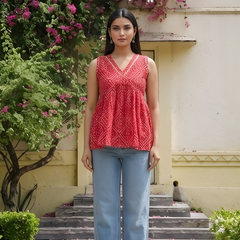 Women Cotton Bandhani Sleeveless Peplum Style Top