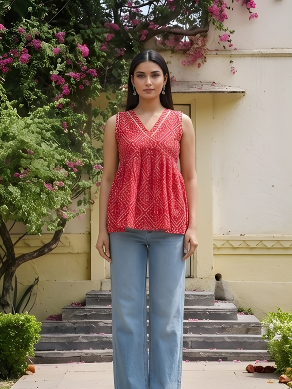 Women Cotton Bandhani Sleeveless Peplum Style Top