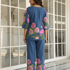 Women Navy Blue Floral Printed Pure Cotton Co-Ord Set