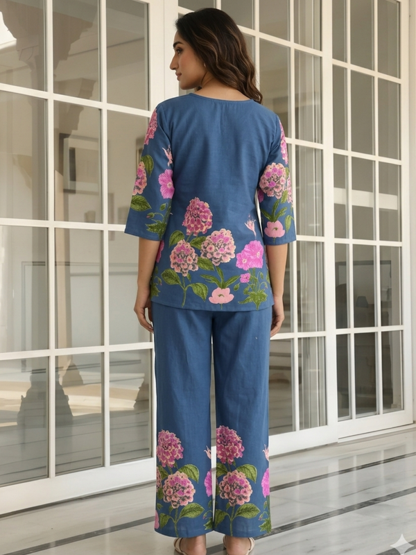 Women Navy Blue Floral Printed Pure Cotton Co-Ord Set