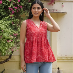 Women Cotton Bandhani Sleeveless Peplum Style Top