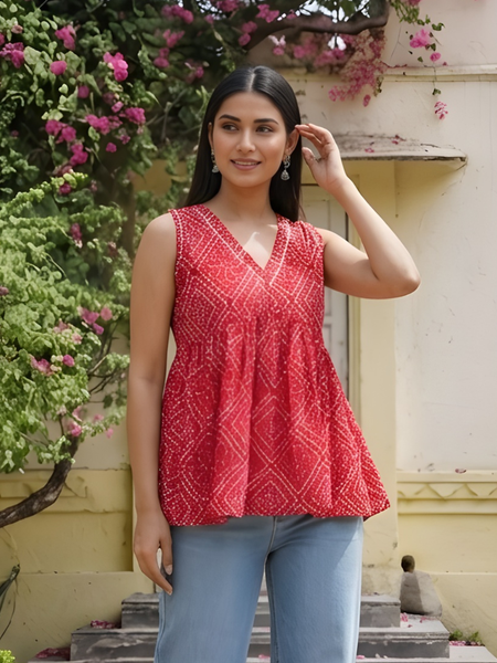 Women Cotton Bandhani Sleeveless Peplum Style Top