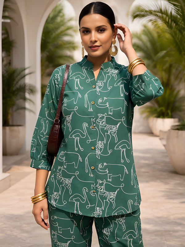 Women Green Printed Pure Cotton Co-Ord Set