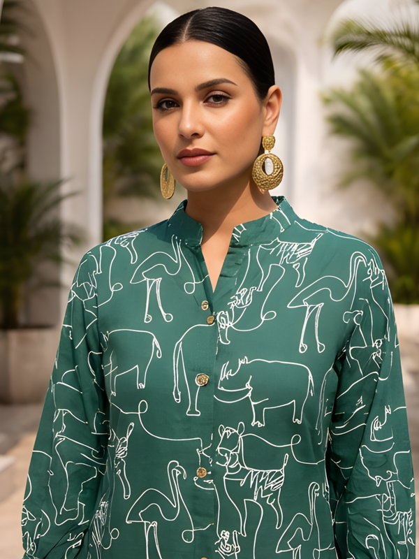 Women Green Printed Pure Cotton Co-Ord Set