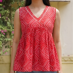 Women Cotton Bandhani Sleeveless Peplum Style Top