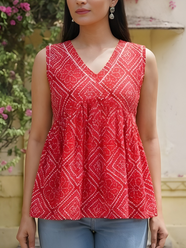 Women Cotton Bandhani Sleeveless Peplum Style Top