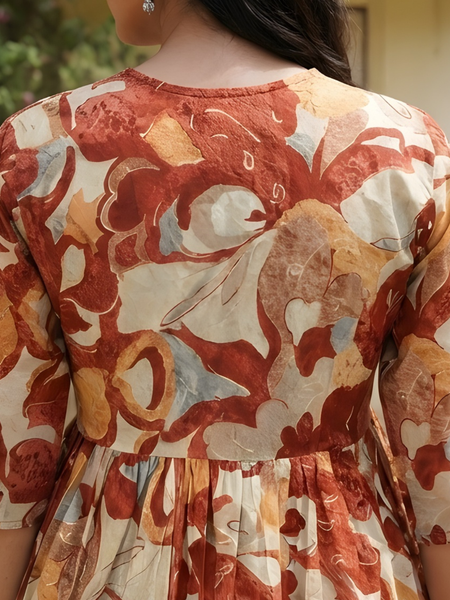 Women Cotton Rust Floral Angrakha Peplum Top