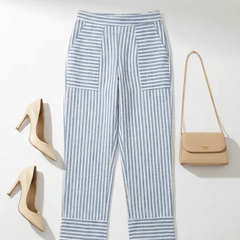 Women Cotton Striped Folded Hem Straight Pants
