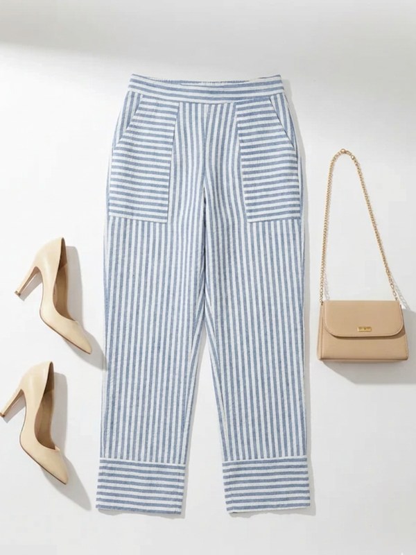 Women Cotton Striped Folded Hem Straight Pants