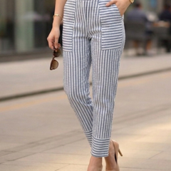Women Cotton Striped Folded Hem Straight Pants