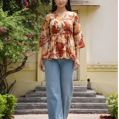 Women Cotton Rust Floral Angrakha Peplum Top