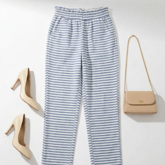 Women Cotton Blue White Striped Straight Pants