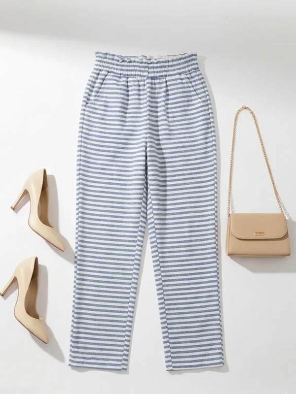 Women Cotton Blue White Striped Straight Pants