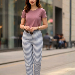 Women Cotton Blue White Striped Straight Pants