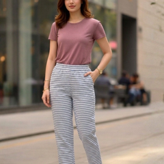 Women Cotton Blue White Striped Straight Pants