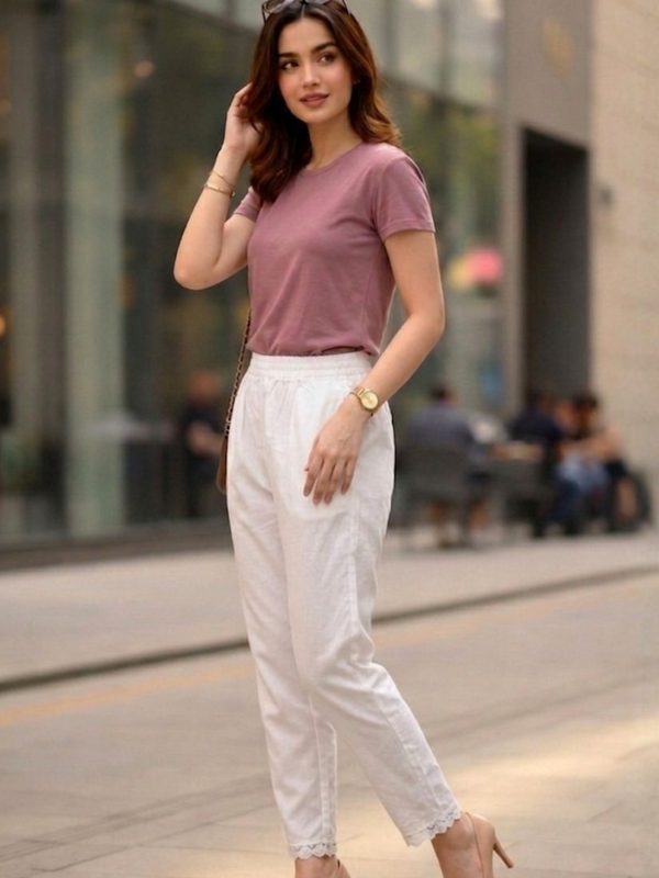 Women Rayon Cotton White Lace Palazzo Pants