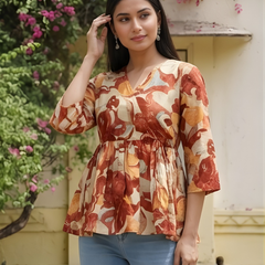 Women Cotton Rust Floral Angrakha Peplum Top