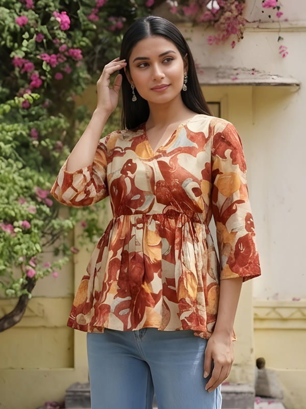 Women Cotton Rust Floral Angrakha Peplum Top