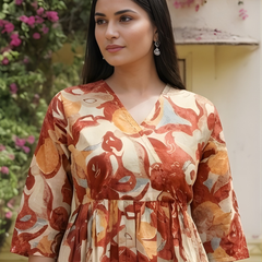 Women Cotton Rust Floral Angrakha Peplum Top