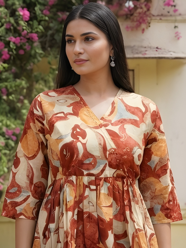 Women Cotton Rust Floral Angrakha Peplum Top