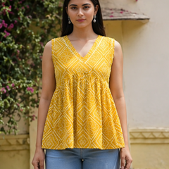Women Cotton Bandhani Sleeveless Peplum Style Top