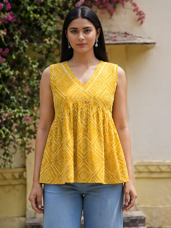 Women Cotton Bandhani Sleeveless Peplum Style Top