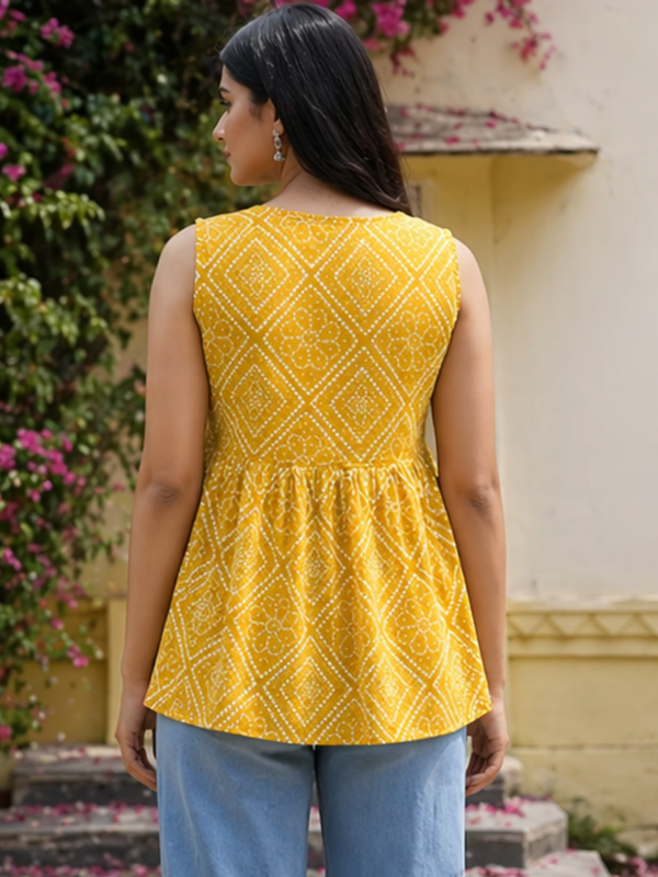 Women Cotton Bandhani Sleeveless Peplum Style Top