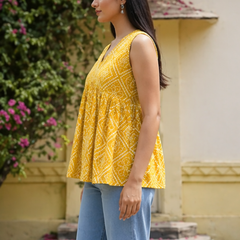 Women Cotton Bandhani Sleeveless Peplum Style Top