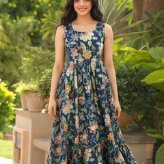 Women Floral Cotton Sleeveless Flared Midi Dress