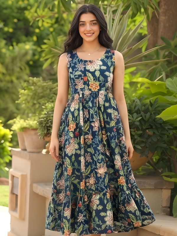 Women Floral Cotton Sleeveless Flared Midi Dress