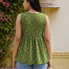 Women Cotton Bandhani Sleeveless Peplum Style Top