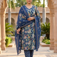 Women Cotton Floral Printed Kurta Dupatta Set