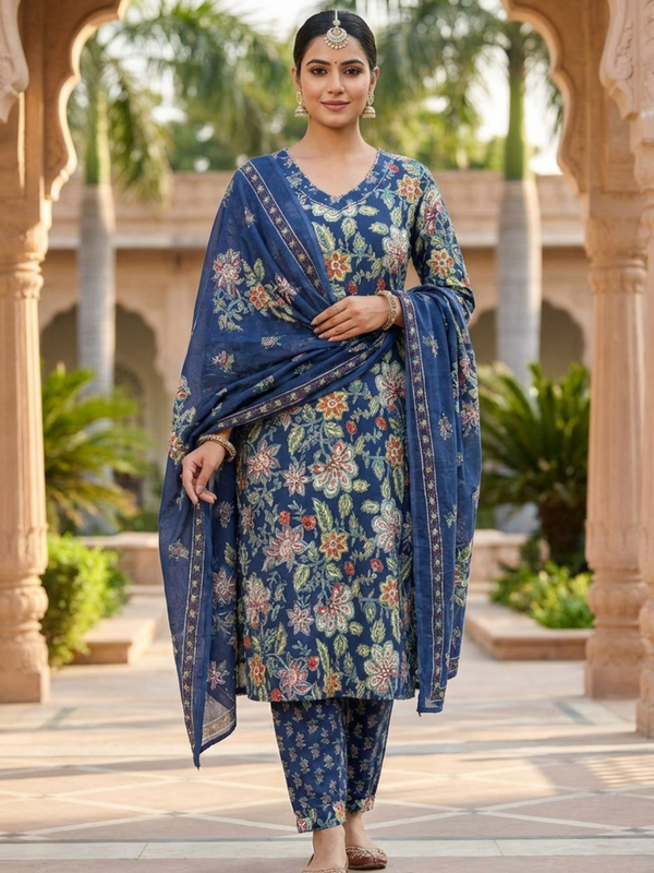 Women Cotton Floral Printed Kurta Dupatta Set