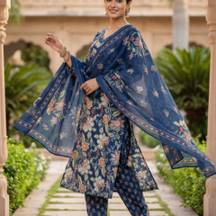 Women Cotton Floral Printed Kurta Dupatta Set