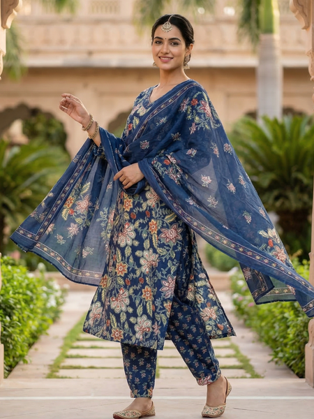Women Cotton Floral Printed Kurta Dupatta Set