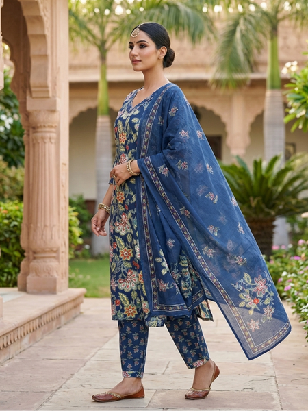 Women Cotton Floral Printed Kurta Dupatta Set