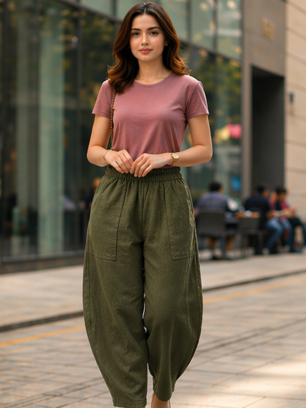Women Cotton Solid Balloon Fit Pants