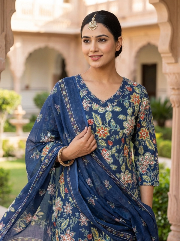 Women Cotton Floral Printed Kurta Dupatta Set