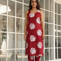 Women Cotton Maroon Printed Co-Ord Set